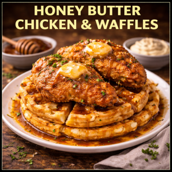 Honey Butter Chicken & Pollo Frito con Waffles y Mantequilla de MielWaffles